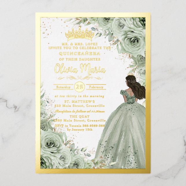 Invitation En Aluminium Robes de Quinceañera Fleurie Vert Sauge et Marron  (Recto)