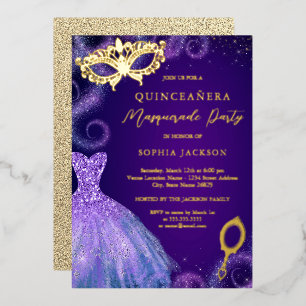 Invitation En Aluminium Robes dorées violettes pour soirée masquée Quincea