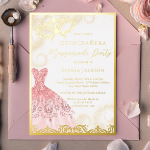 Invitation En Aluminium Robes Gold Rose Fête Mascarade Quinceanera