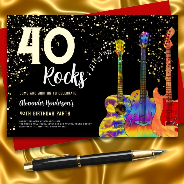 Invitation En Aluminium Rock et Roll 40e fête d'anniversaire Noir et or (Rock and roll 40th birthday party black & gold foil invitation colorful guitar art and gold glitter)