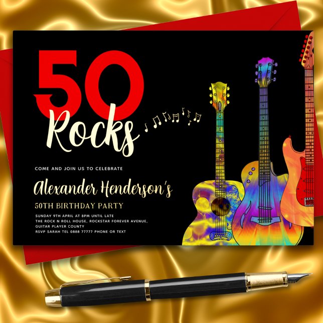 Invitation En Aluminium Rock et Roll 50e anniversaire fête Black Gold (50 Rocks black and gold foil funky guitar 50th birthday party invitation for him)