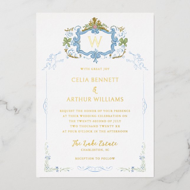 Invitation En Aluminium Rococo Blue Monogram Crest Wedding (Recto)