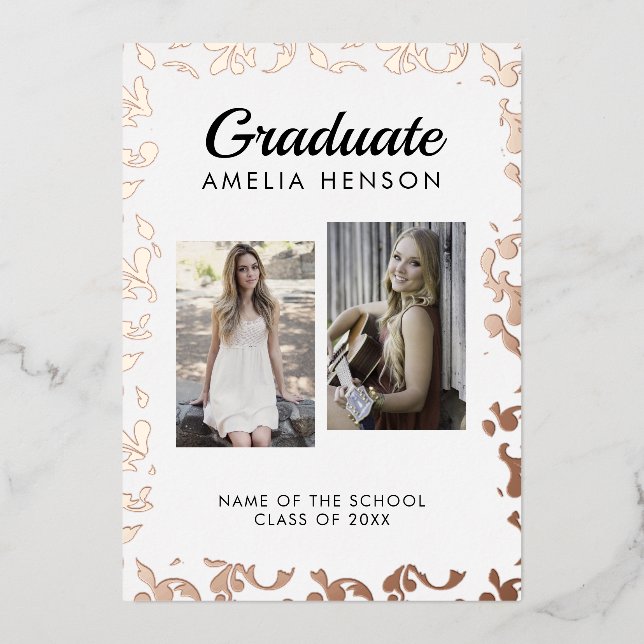 Invitation En Aluminium Rococo Motif Graduate 2 Photo Collage Graduation (Recto)