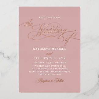 Invitation En Aluminium Roman Classic Script Calligraphie Mariage Rose Or