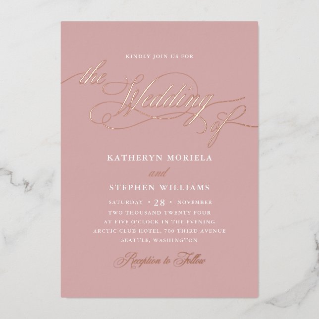 Invitation En Aluminium Roman Classic Script Calligraphie Mariage Rose Or (Recto)