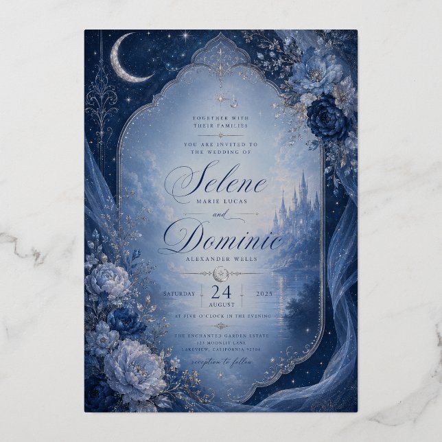Invitation En Aluminium Romance au Clair de Lune Céleste (Recto)