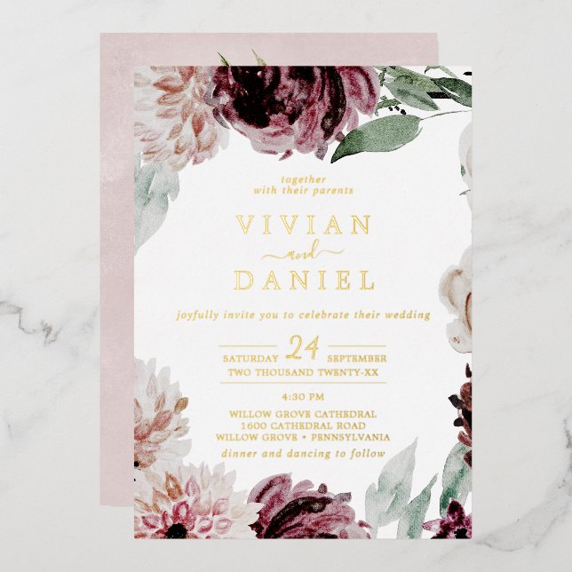 Invitation En Aluminium Romance florale | Pile d'or tout en un Mariage (Recto/Verso)