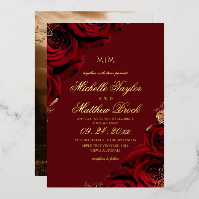 Invitation En Aluminium Romantic Burgundy Rose Wedding (Recto/Verso)