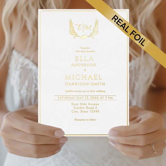 Invitation En Aluminium Romantic Heart Foliage Monogram Wedding (Romantic Heart Foliage Monogram Wedding Foil Invitation - Gold, Silver or Rose Gold option)