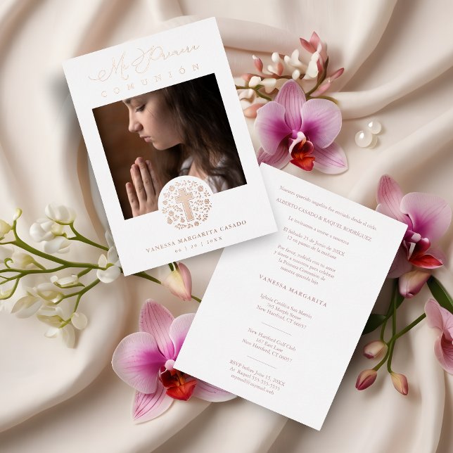 Invitation En Aluminium Romantic Real Rose Gold Floral Wreath Photo (Romantic Real Rose Gold Floral Wreath Photo Metallic Foil Mi Primera Comunión Spanish Invitation.)