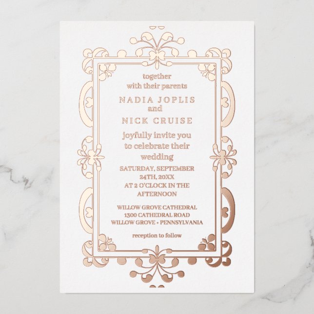 Invitation En Aluminium romantique Art nouveau mariage or rose  (Recto)