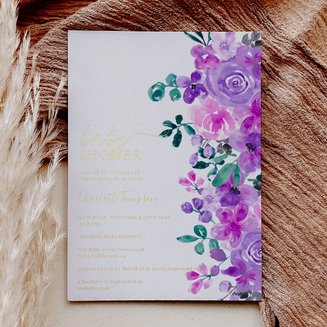 Invitation En Aluminium Romantique fleurs violet lavande baby shower (Romantic real gold foil purple flowers lavender baby shower invitation)