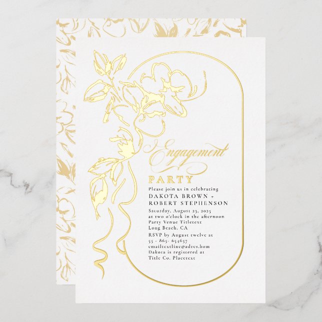 Invitation En Aluminium Romantique Floral Elegant Engagement Party Gold (Recto/Verso)