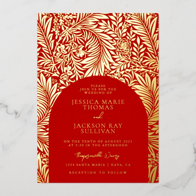 Invitation En Aluminium Romantique Floral Rouge et Mariage d'or (Recto)