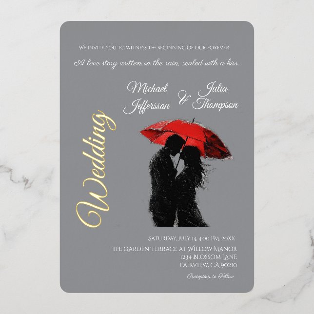 Invitation En Aluminium Romantique Parisien Parapluie Rouge Love Silhouett (Recto)