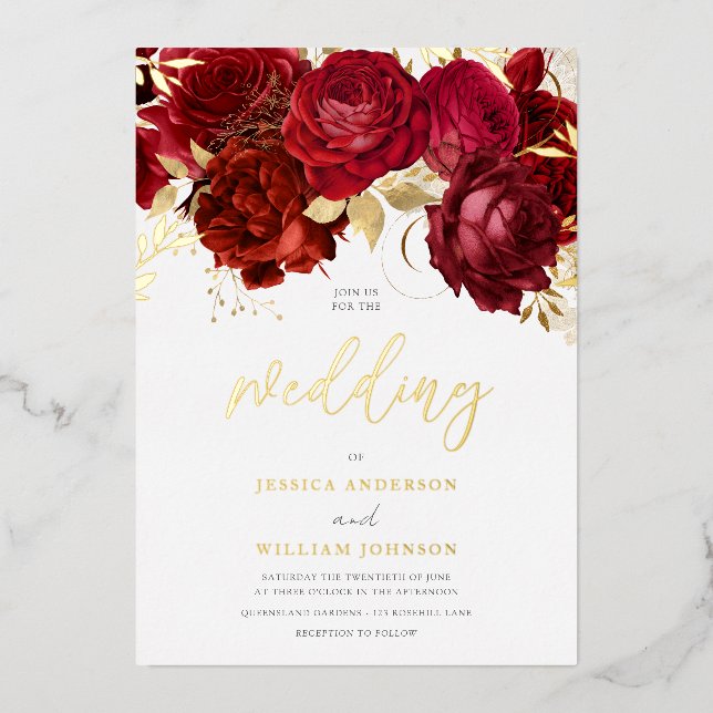 Invitation En Aluminium Romantique Red Roses Gold Mariage (Recto)
