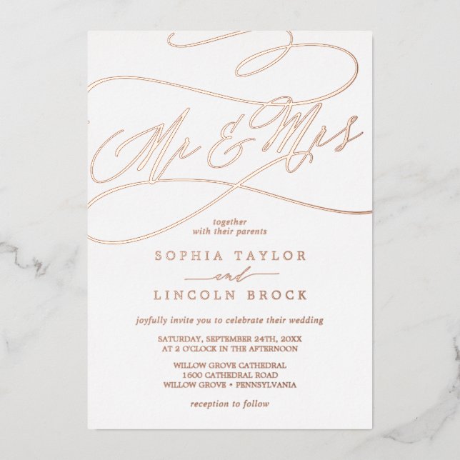 Invitation En Aluminium Romantique Rose Gold Foil Mr & Mrs Mariage (Recto)
