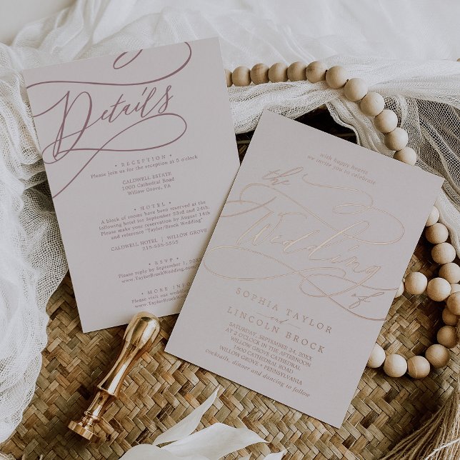 Invitation En Aluminium Romantique Rose Gold Foil rose tout en un Mariage (Romantic Rose Gold Foil Pink All In One Wedding Foil Invitation)