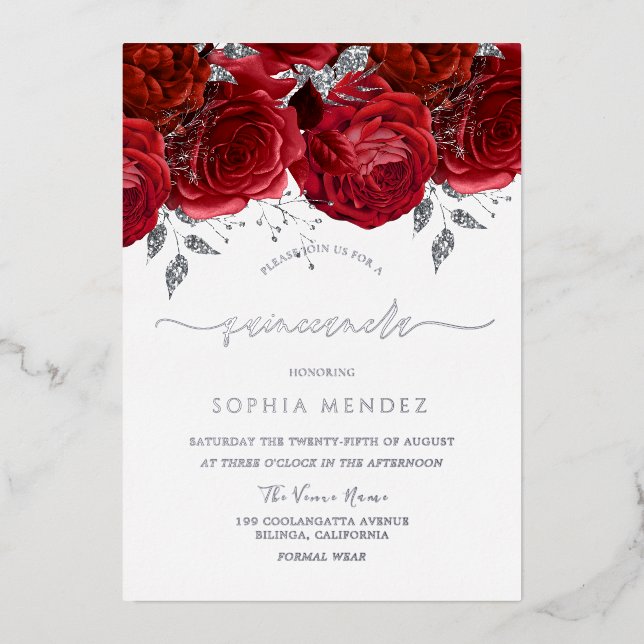 Invitation En Aluminium Romantique Rose Quinceanera SIlver (Recto)