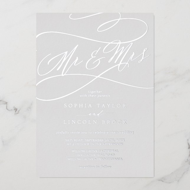 Invitation En Aluminium Romantique Silver Foil Grey Mr & Mrs Mariage (Recto)