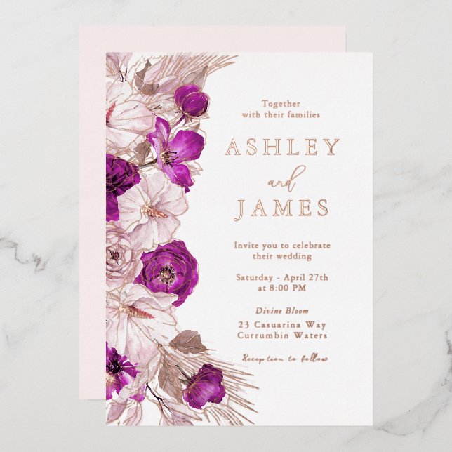 Invitation En Aluminium Romantique violet & Blush Rose Mariage Gold Foil (Recto/Verso)