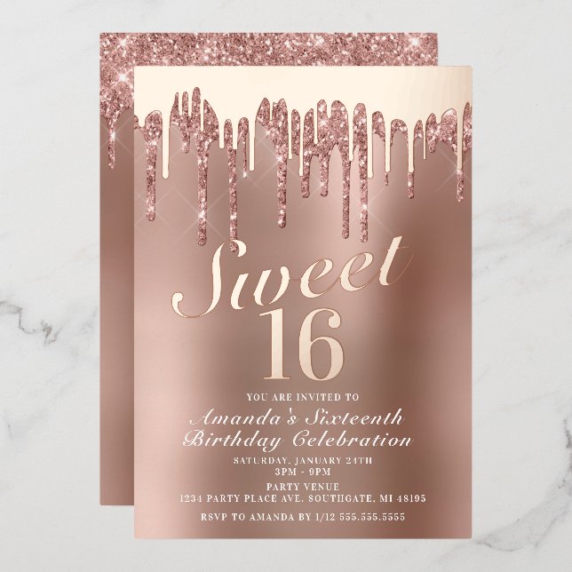 Invitation En Aluminium Rose à goutte Gold Sweet 16 Anniversaire Real (Recto/Verso)