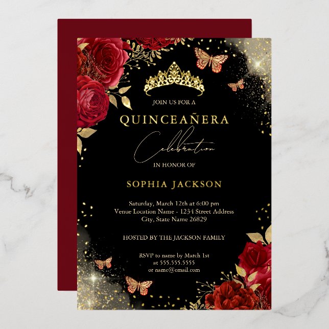 Invitation En Aluminium Rose à papillon rouge Tiara Quinceanera (Recto/Verso)