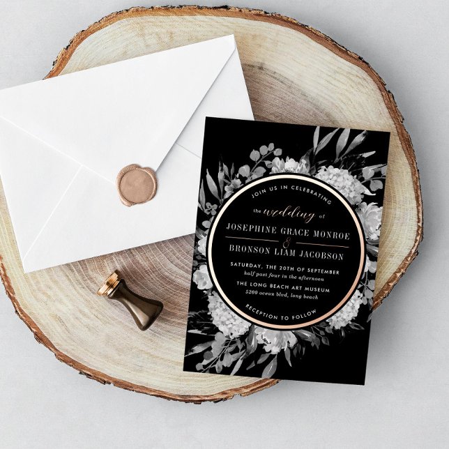 Invitation En Aluminium Rose Aquarelle noire et blanche Mariage floral Foi (Créateur téléchargé)