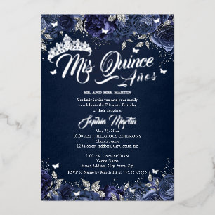 Invitation En Aluminium Rose argent Navy Mis Quince Quinceanera
