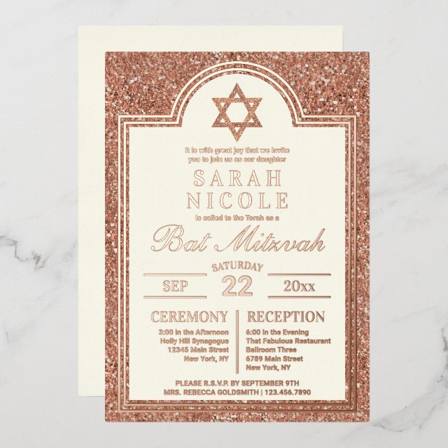 Invitation En Aluminium Rose bat mitzvah Gold Star De David Glam Rose Gold (Recto/Verso)