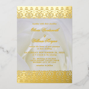 Invitation En Aluminium Rose Blanche Élégant Mariage Dentelle Feuille d'Or