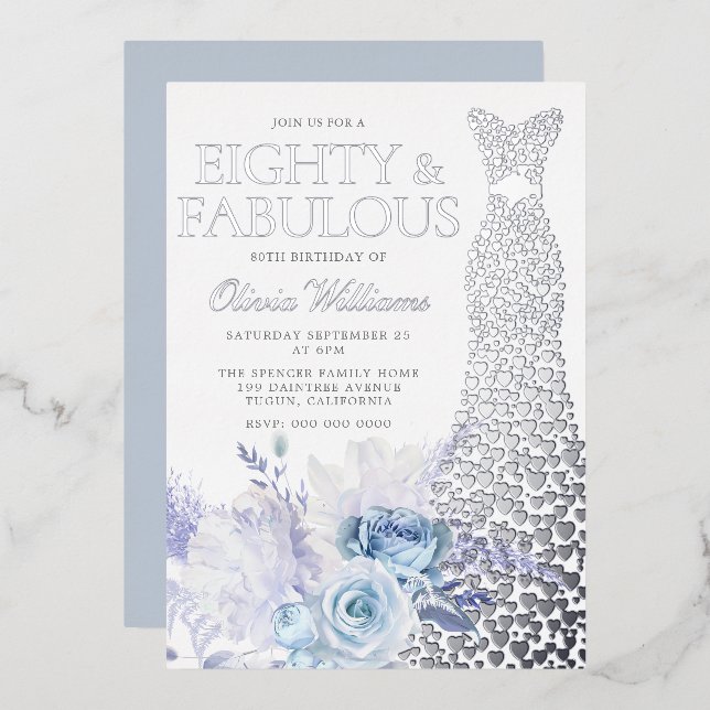 Invitation En Aluminium Rose bleu 80e anniversaire fête Argent (Recto/Verso)