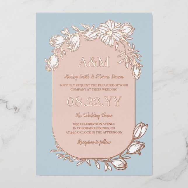 Invitation En Aluminium Rose bleu Dove Gold Blanc Floral Mariage (Recto)