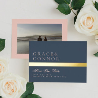 Invitation En Aluminium Rose Bleu Dusty de la Marine Photo Enregistrer la