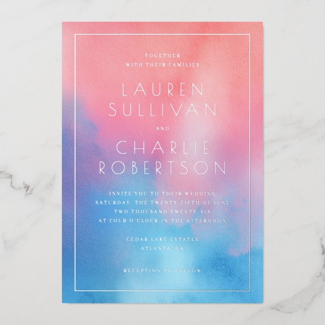Invitation En Aluminium Rose Bleu Ombré Romantique (Recto)