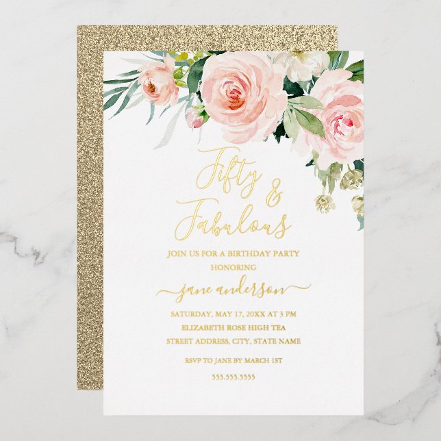 Invitation En Aluminium Rose Blush Floral 50 & Fabuleux Anniversaire (Recto/Verso)