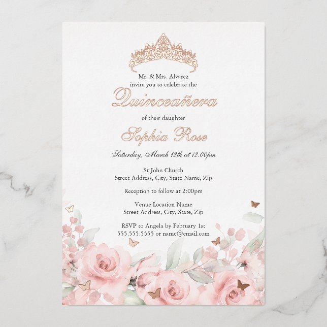 Invitation En Aluminium Rose Blush Floral Rose Or Butterfly Quinceanera (Recto)