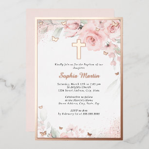 Invitation En Aluminium Rose Blush Rose Gold Cross Floral Girl Baptême