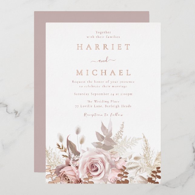 Invitation En Aluminium Rose Boho Cadre Floral Mariage (Recto/Verso)