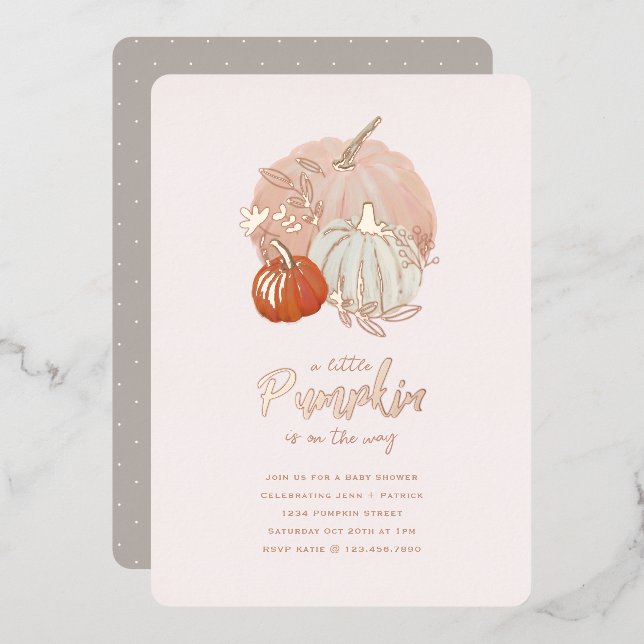 Invitation En Aluminium Rose brillant or et Baby shower Citrouille rose (Recto/Verso)