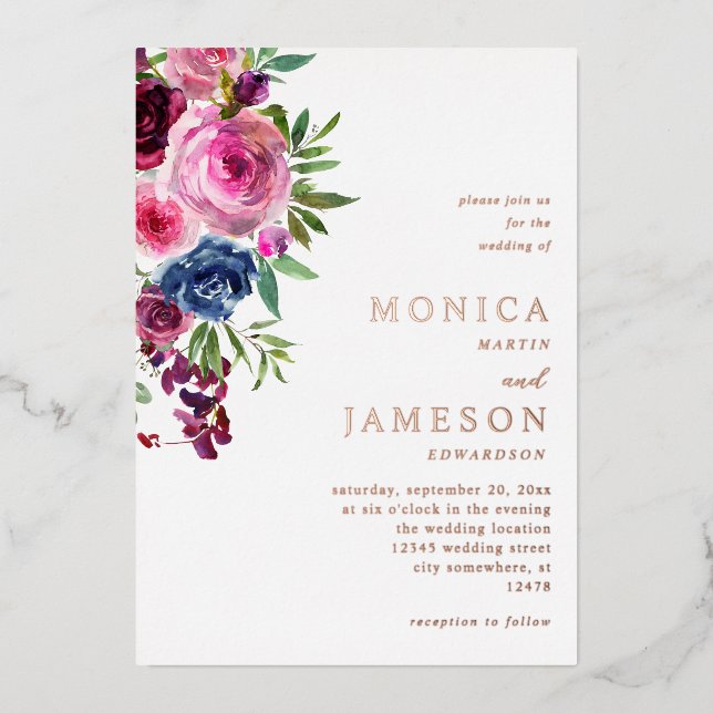 Invitation En Aluminium Rose chaud et bleu marine Mariage floral 3 (Recto)