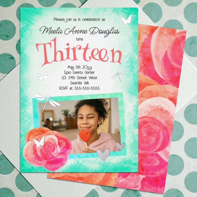 Invitation En Aluminium Rose, Coral Rose, Turquoise Photo Anniversaire (Cute Pink, Coral, Turquoise Rose, Silver Dragonflies, Dragonflies Bat Mitzvah 13th Invitation)