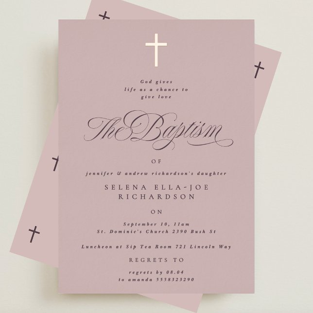 Invitation En Aluminium Rose Croix d'or Calligraphie Pink Baptism Invitati (Créateur téléchargé)