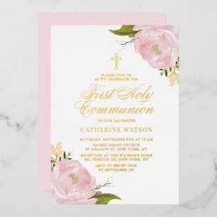 Invitation En Aluminium Rose de jardin rose poudré Première Sainte Communi