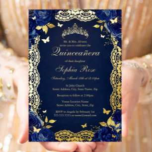 Invitation En Aluminium Rose de la marine dentelle papillon Quinceanera An