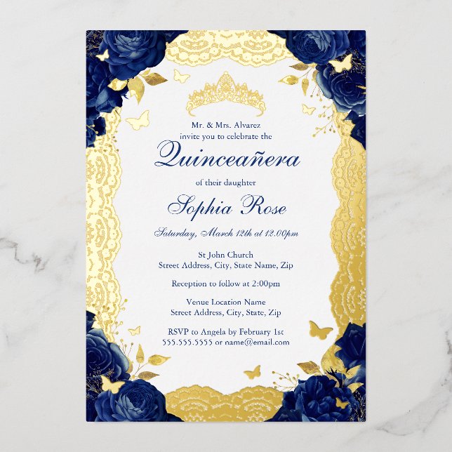 Invitation En Aluminium Rose de la Marine Lace Quinceanera Anniversaire (Recto)