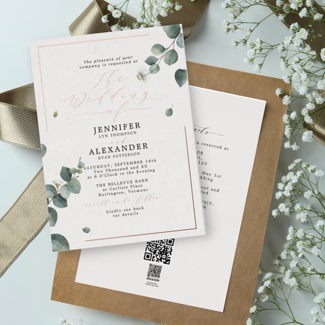 Invitation En Aluminium Rose de mariage rustique Eucalyptus & code QR RSVP (Créateur téléchargé)