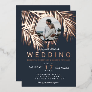 Invitation En Aluminium Rose de photo tropicale moderne or palmier mariage