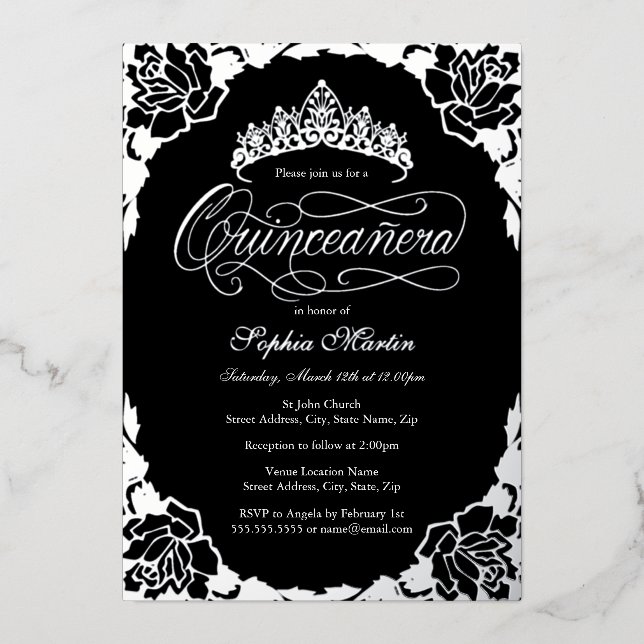 Invitation En Aluminium Rose de script élégant Silver Black Quinceanera (Recto)