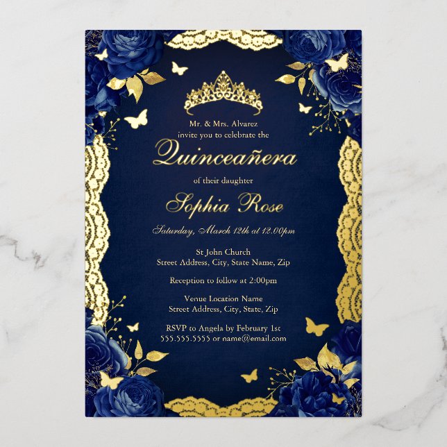 Invitation En Aluminium Rose dentelle papillon Marine Quinceanera Annivers (Recto)